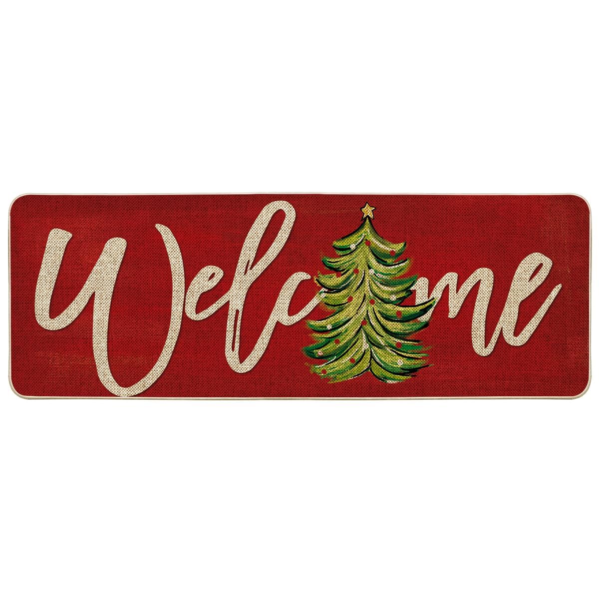 Artoid Mode Red Xmas Tree Christmas Welcome Doormat, Winter Home Decor Low-Profile Switch Rug Door Mat Floor Mat for Indoor Outdoor 17x29 Inch