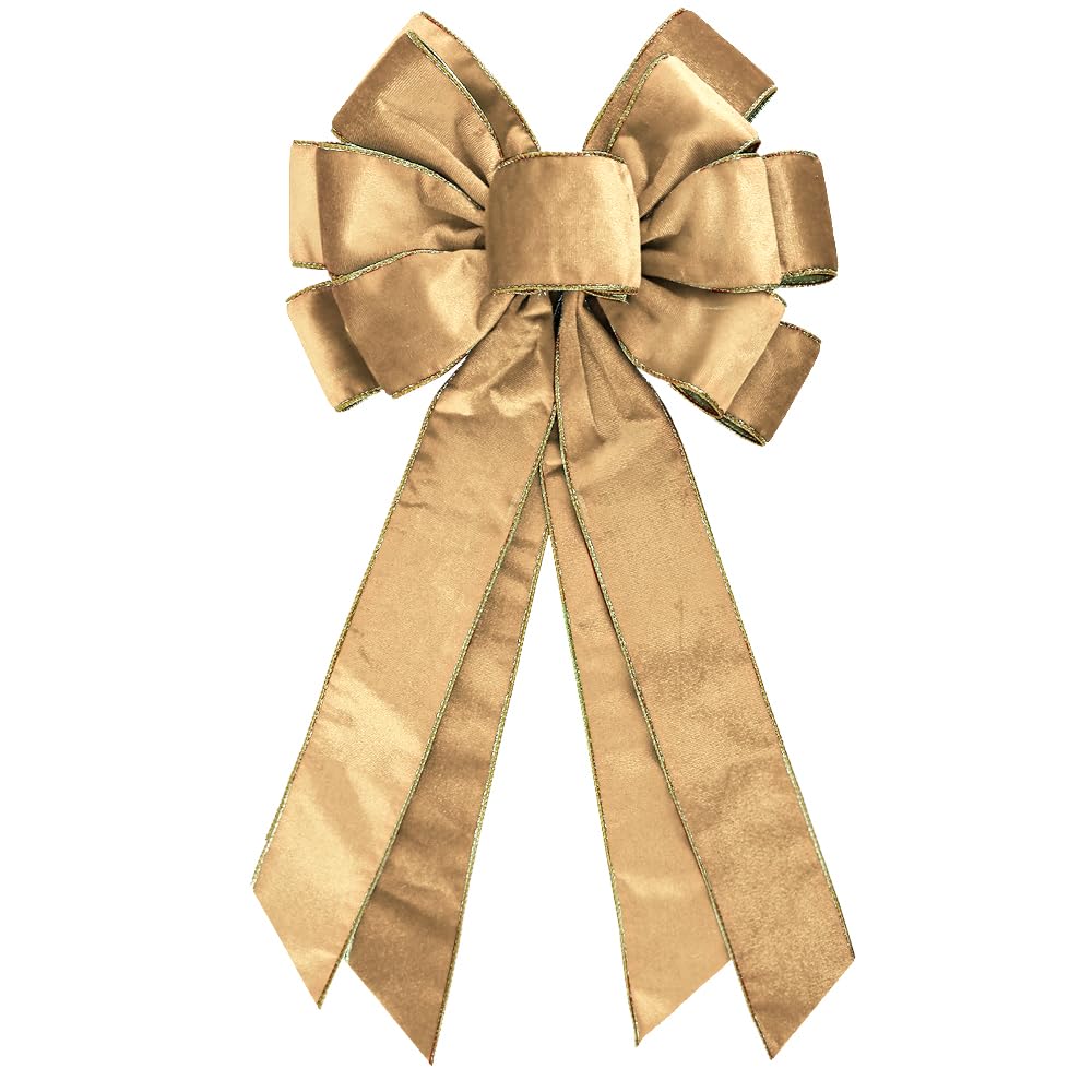 Vintage Green Wreath Bow - 20 * 11 Inch Golden Edged Velvet Tree Topper Ornament for Xmas, Winter, Home, Outdoor, Indoor, Party