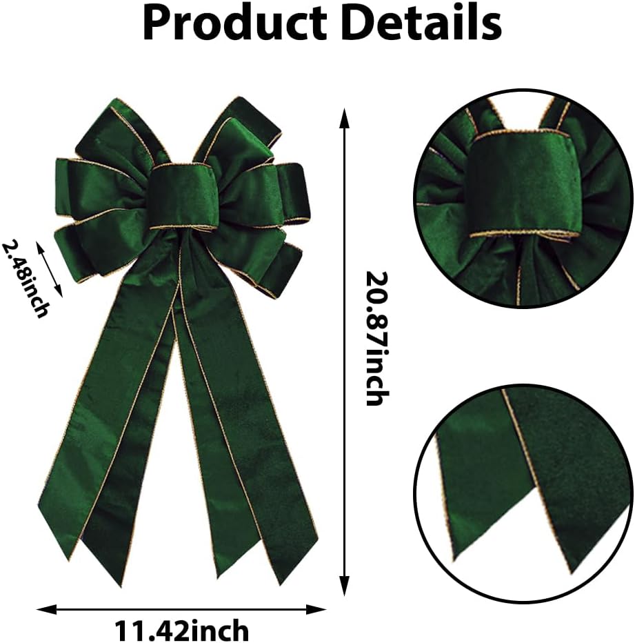 Vintage Green Wreath Bow - 20 * 11 Inch Golden Edged Velvet Tree Topper Ornament for Xmas, Winter, Home, Outdoor, Indoor, Party