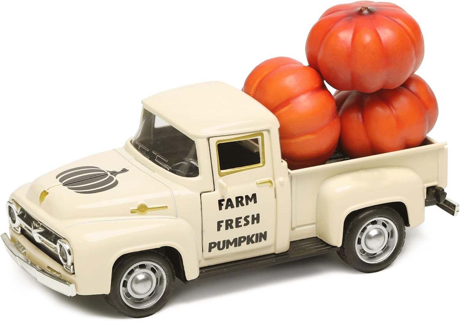 Fall Pumpkin Truck Decor Mini Harvest Metal Farm Truck with 3 Pumpkins | Vintage Diecast Model for Tiered Tray Home Décor 4.8 inches