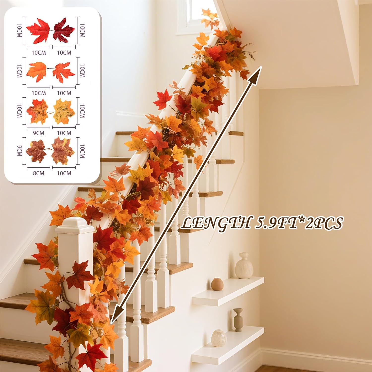 Maple Leaf Garland, 2 Pack Artificial Fall Leaves Garland 5.9Ft/Pieces Fall Decor Autumn Thanksgiving Decor (Apricot)