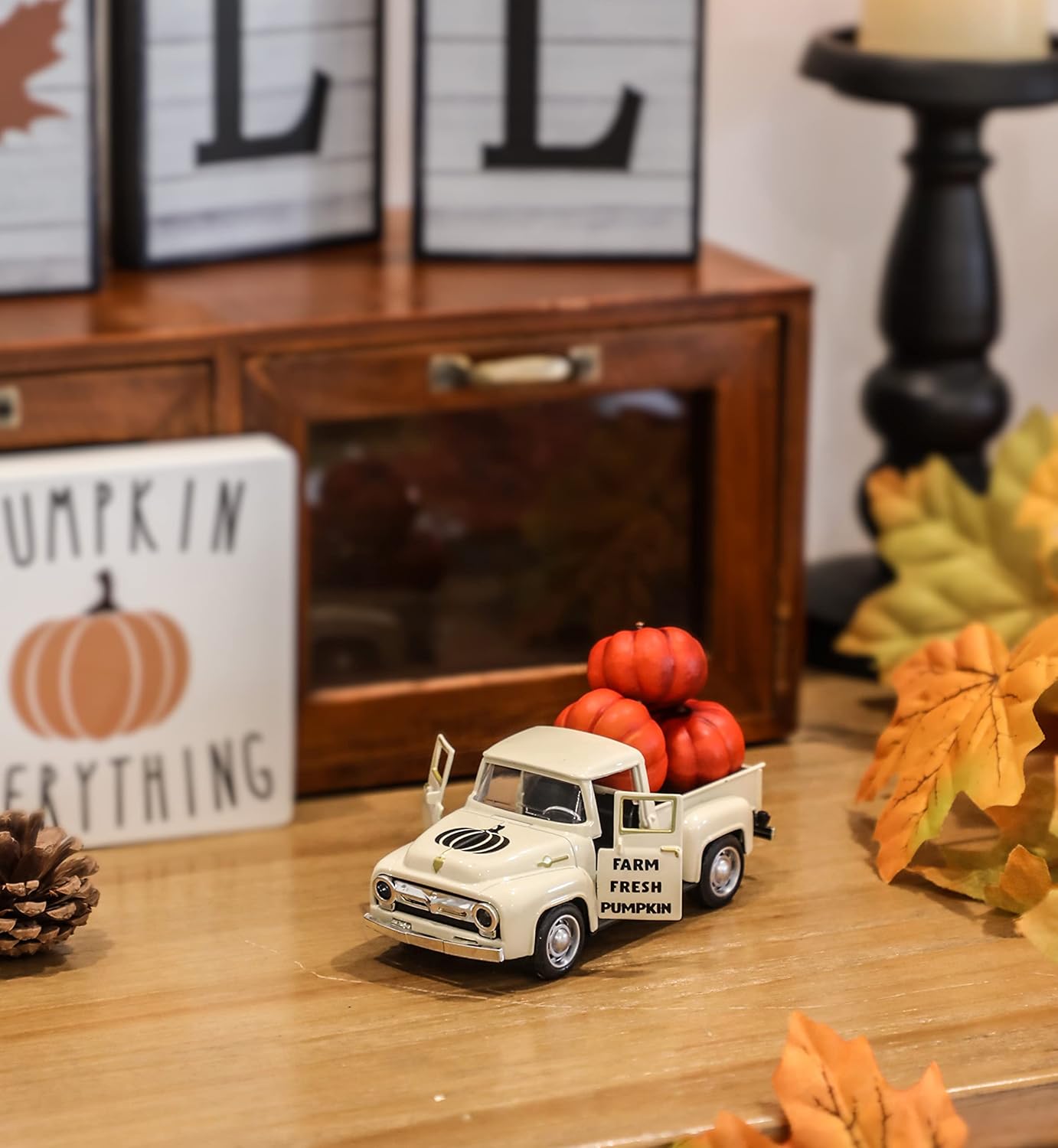Fall Pumpkin Truck Decor Mini Harvest Metal Farm Truck with 3 Pumpkins | Vintage Diecast Model for Tiered Tray Home Décor 4.8 inches
