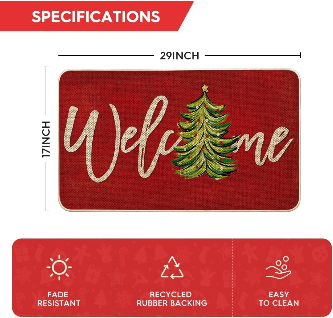 Artoid Mode Red Xmas Tree Christmas Welcome Doormat, Winter Home Decor Low-Profile Switch Rug Door Mat Floor Mat for Indoor Outdoor 17x29 Inch