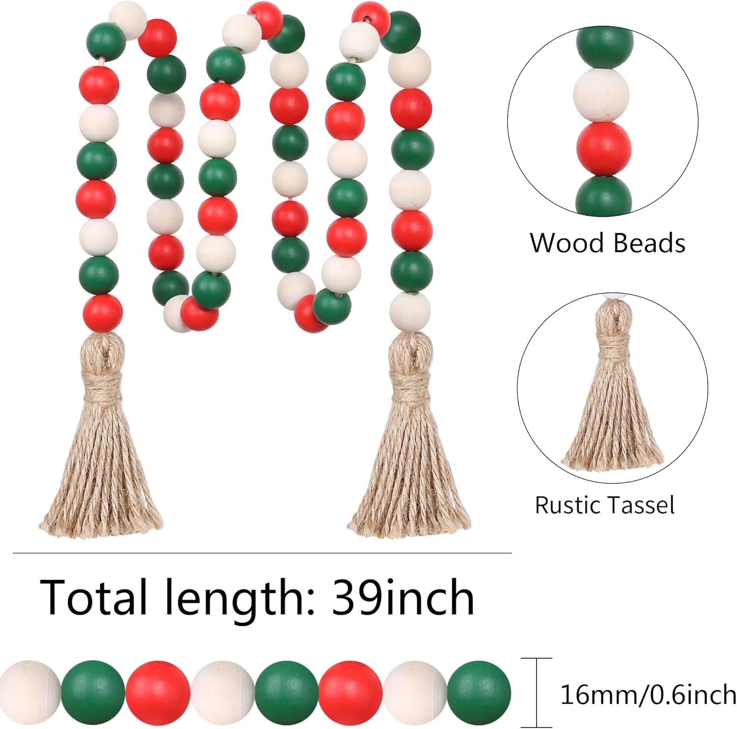 Christmas Wood Bead Garland,39in Farmhouse Beads with Tassels Tiered Tray Decor Wall Hanging Home Ornaments for Christmas Tree Decorations