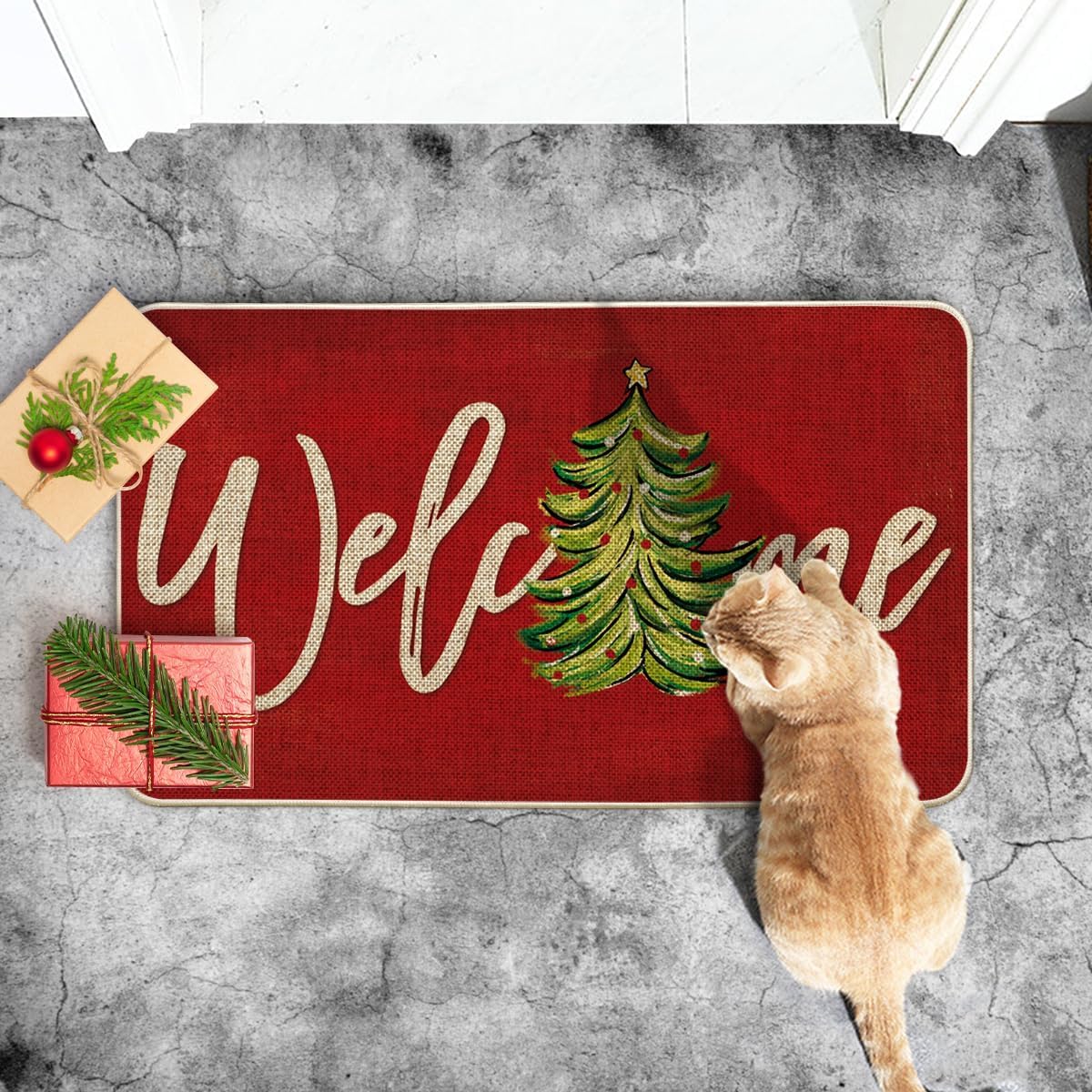 Artoid Mode Red Xmas Tree Christmas Welcome Doormat, Winter Home Decor Low-Profile Switch Rug Door Mat Floor Mat for Indoor Outdoor 17x29 Inch