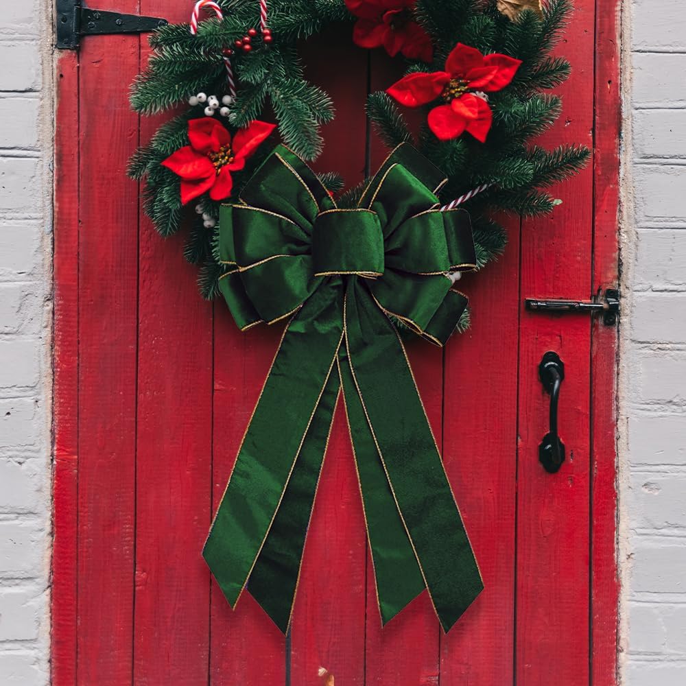 Vintage Green Wreath Bow - 20 * 11 Inch Golden Edged Velvet Tree Topper Ornament for Xmas, Winter, Home, Outdoor, Indoor, Party