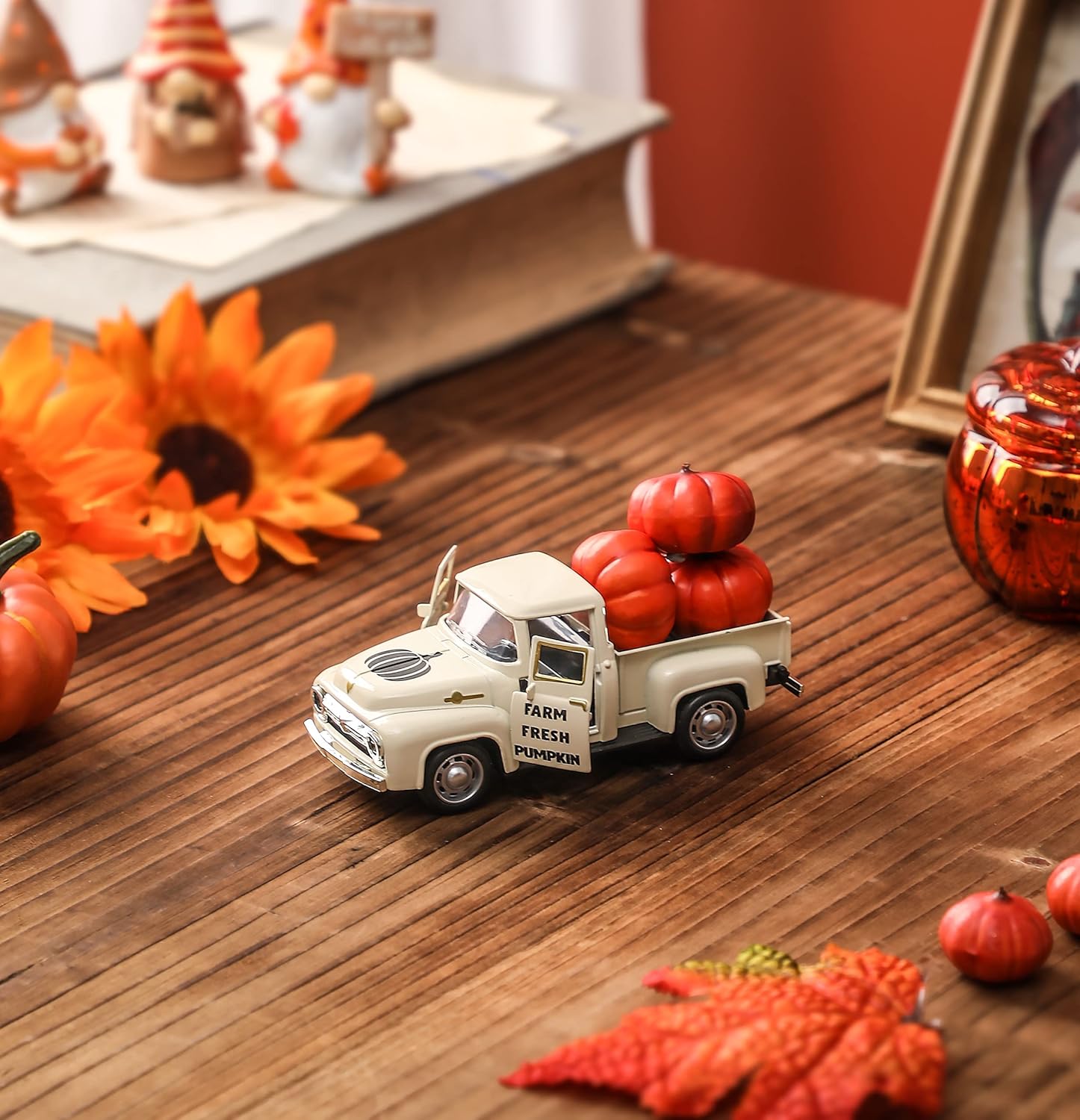 Fall Pumpkin Truck Decor Mini Harvest Metal Farm Truck with 3 Pumpkins | Vintage Diecast Model for Tiered Tray Home Décor 4.8 inches