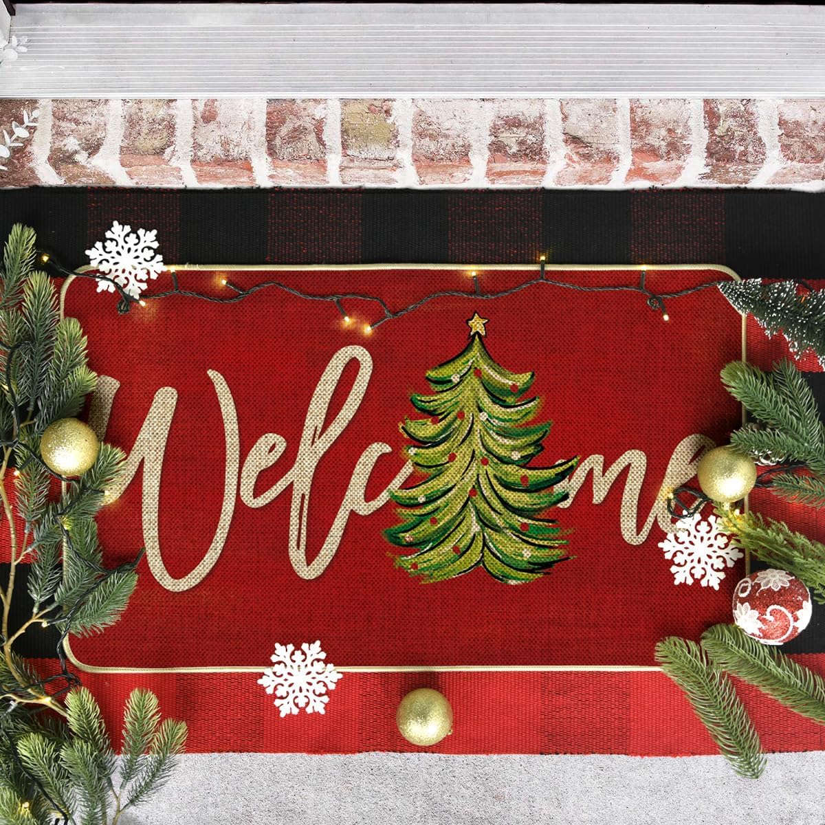 Artoid Mode Red Xmas Tree Christmas Welcome Doormat, Winter Home Decor Low-Profile Switch Rug Door Mat Floor Mat for Indoor Outdoor 17x29 Inch