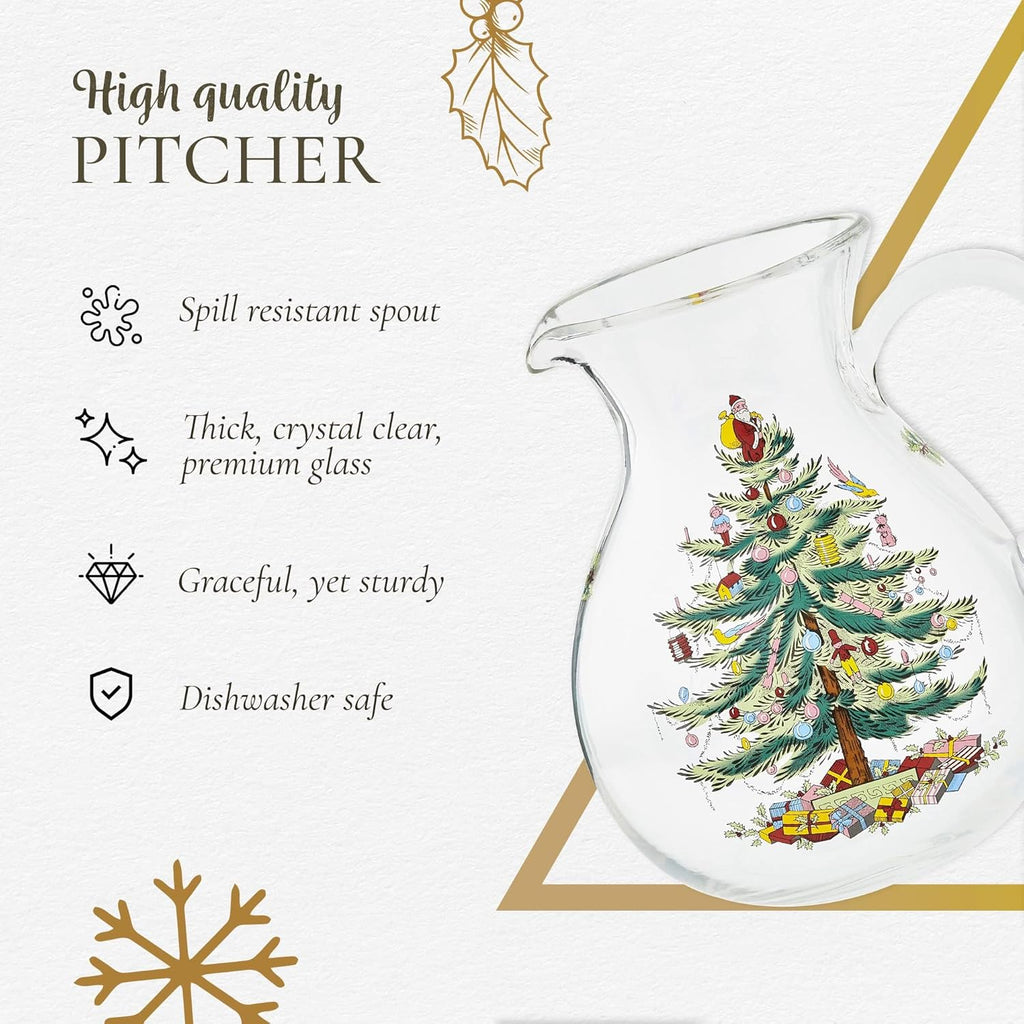 Spode Christmas Tree Glass Pitcher with Handle - Festive Holiday Beverage Server, Seasonal Drinkware for Entertaining, 6 Pint Capacity, Classic Glass Serveware - Celebrate Christmas Traditions