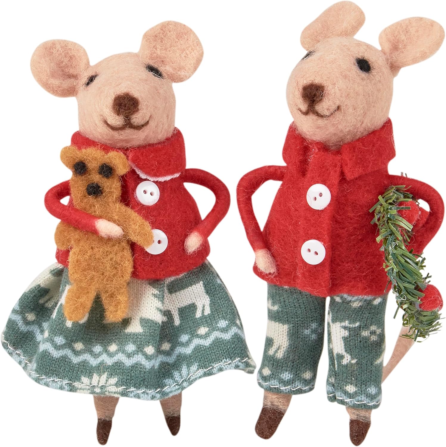 Primitives by Kathy Christmas Day Mice Collectible Critter Set, Two Felt mice with Festive Christmas Outfits/Holding Cute Accents of Gingerbread Cookie and Felt Berry Wreath