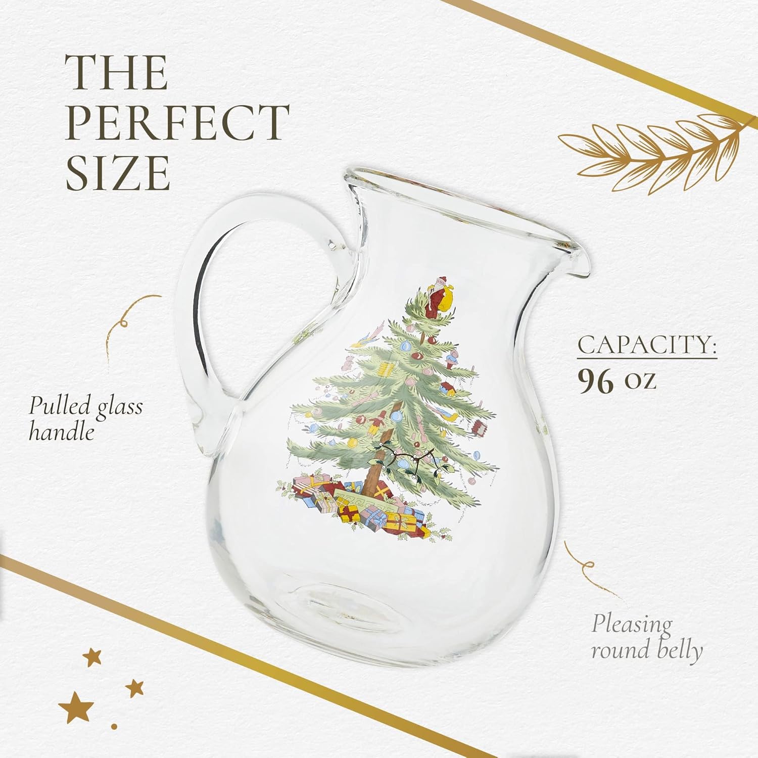 Spode Christmas Tree Glass Pitcher with Handle - Festive Holiday Beverage Server, Seasonal Drinkware for Entertaining, 6 Pint Capacity, Classic Glass Serveware - Celebrate Christmas Traditions