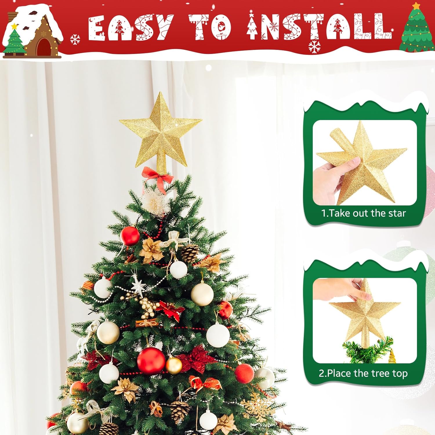 Glitter Christmas Star Tree Topper for Holiday Decorations, Christmas Tree Decoration for Holiday Ornament and Home Decor, Shatterproof Tree Toppers for Party Indoor ＆ Outdoor-Gold 8 inch