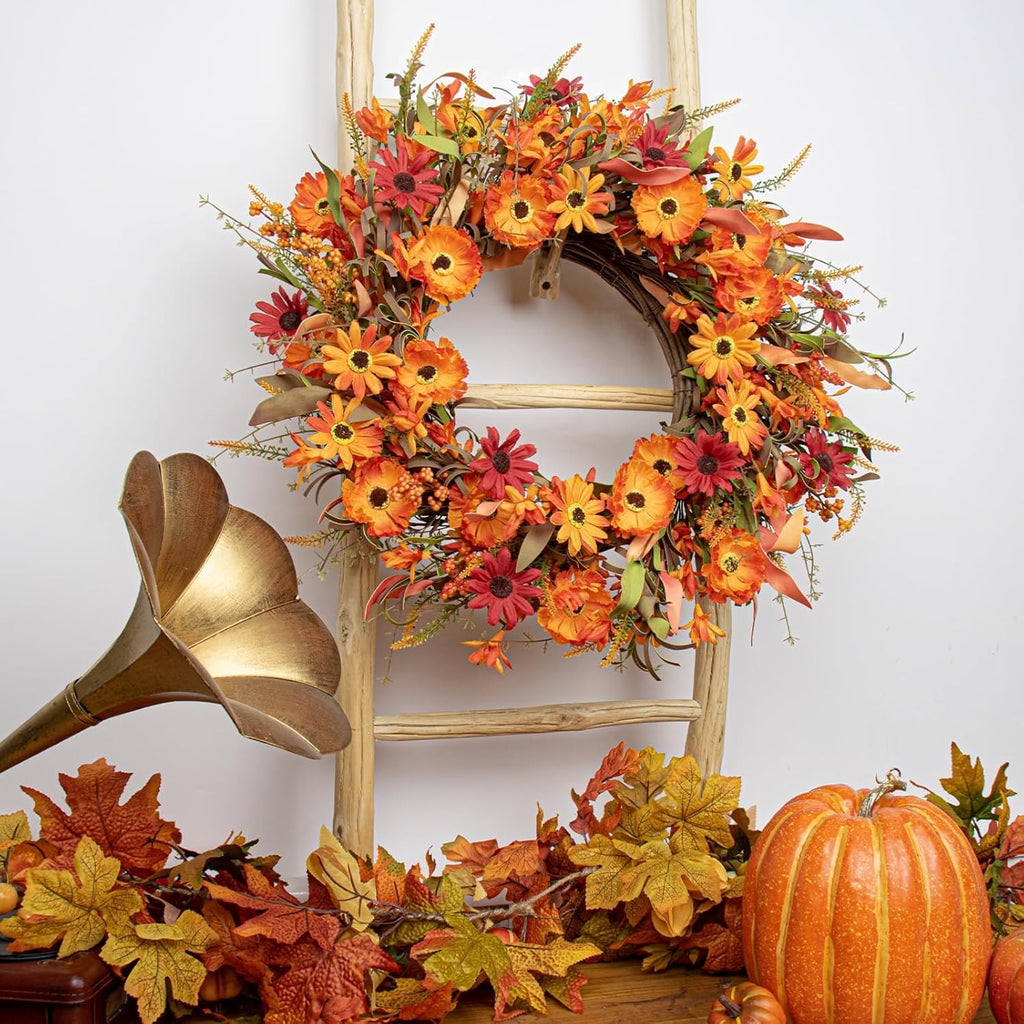 J'FLORU Artificial Fall Wreath 22 Inch Autumn Wreaths for Front Door Orange Daisy Wreath with Wildflowers Berries for Indoor Outdoor Wall Farmhouse Thanksgiving Day Harvest Festival Celebration
