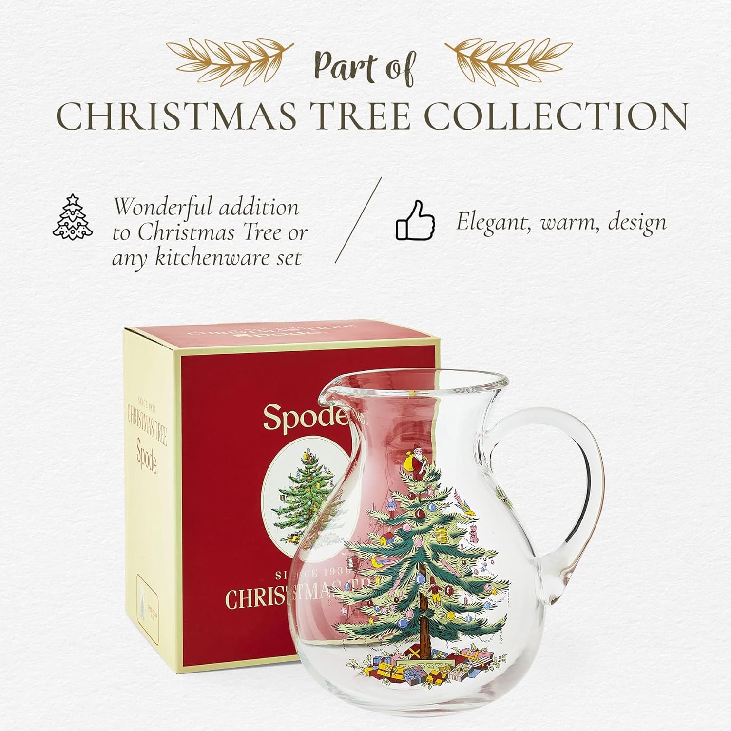 Spode Christmas Tree Glass Pitcher with Handle - Festive Holiday Beverage Server, Seasonal Drinkware for Entertaining, 6 Pint Capacity, Classic Glass Serveware - Celebrate Christmas Traditions