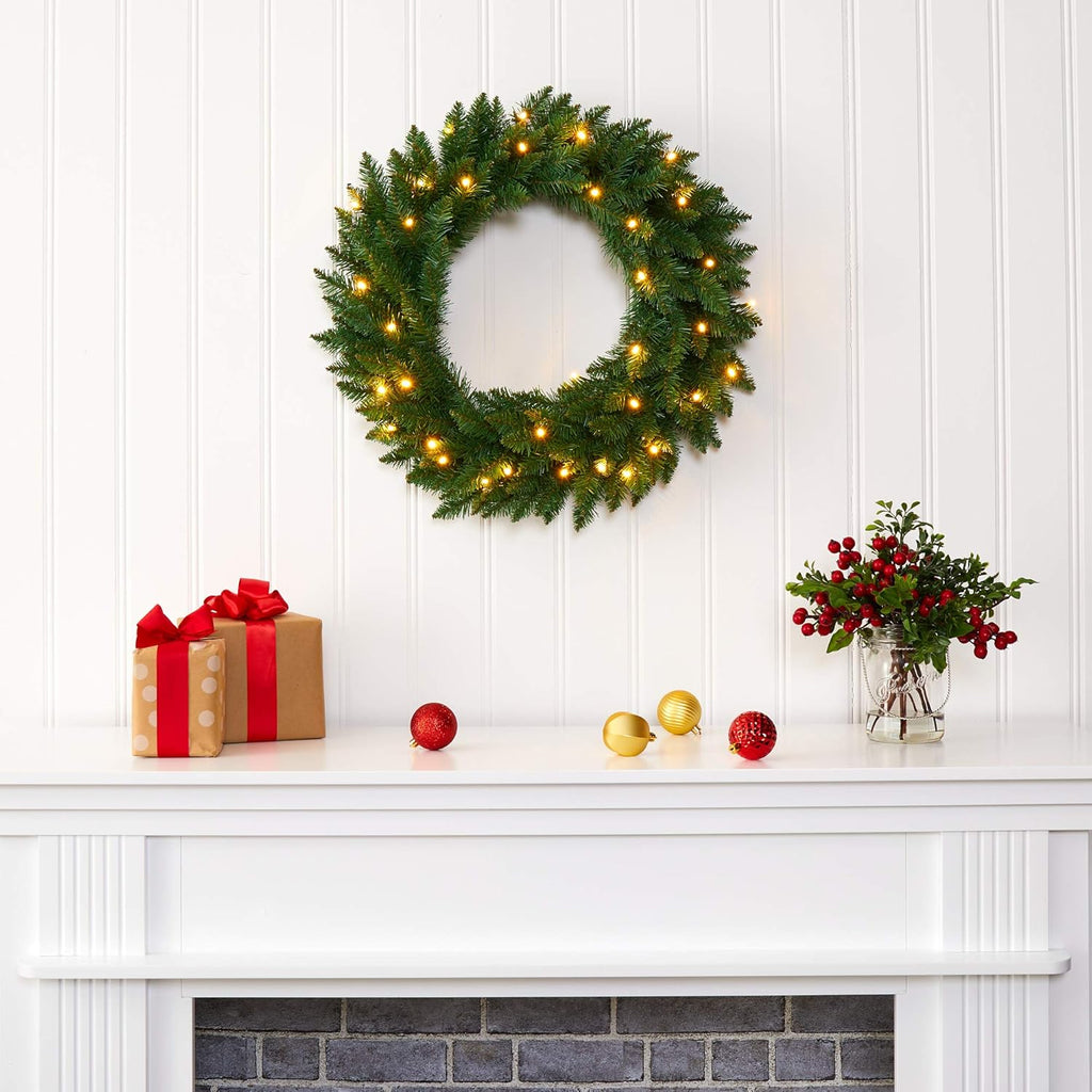 Nearly Natural 24in. Green Pine Artificial Christmas Wreath with 35 Clear LED Lights