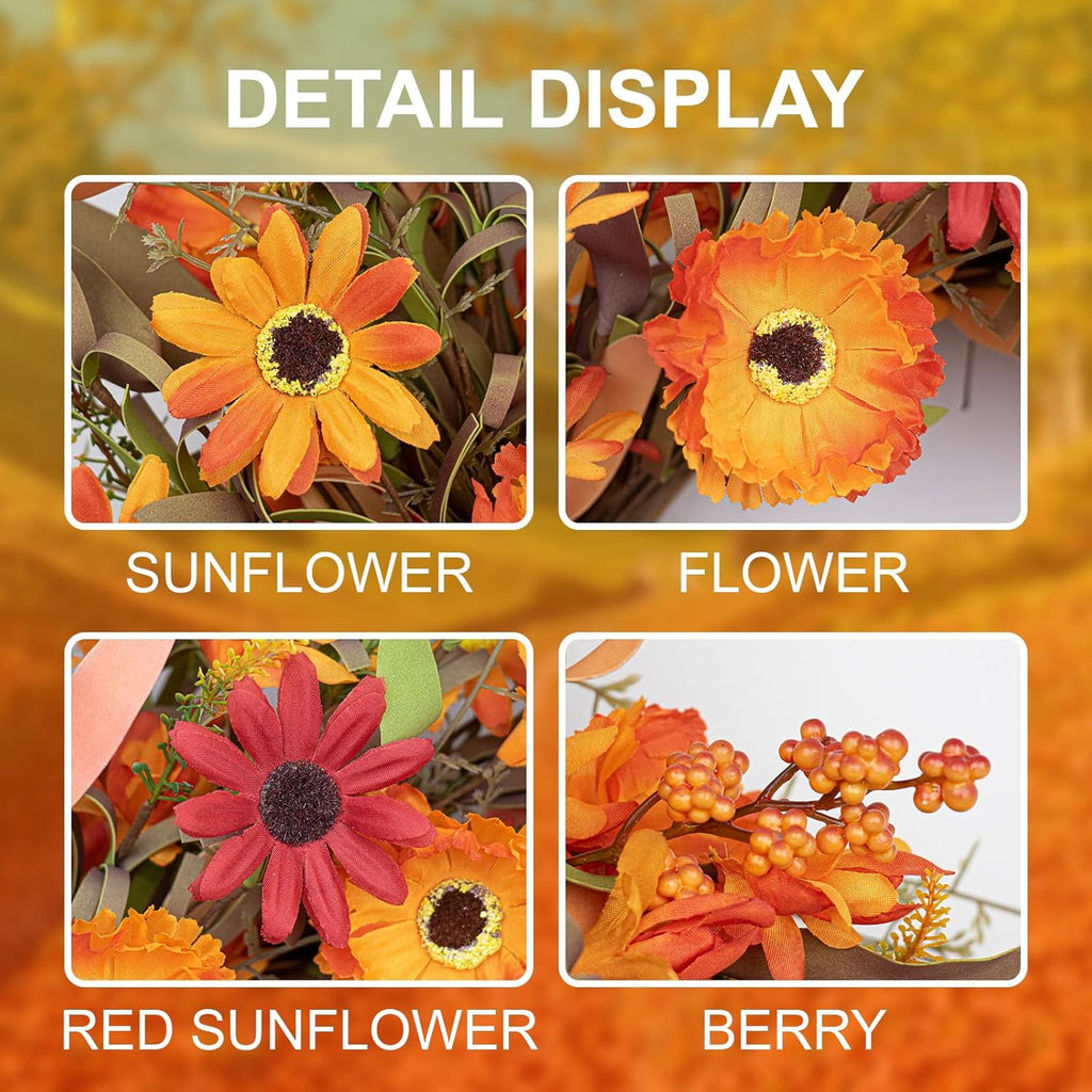 J'FLORU Artificial Fall Wreath 22 Inch Autumn Wreaths for Front Door Orange Daisy Wreath with Wildflowers Berries for Indoor Outdoor Wall Farmhouse Thanksgiving Day Harvest Festival Celebration