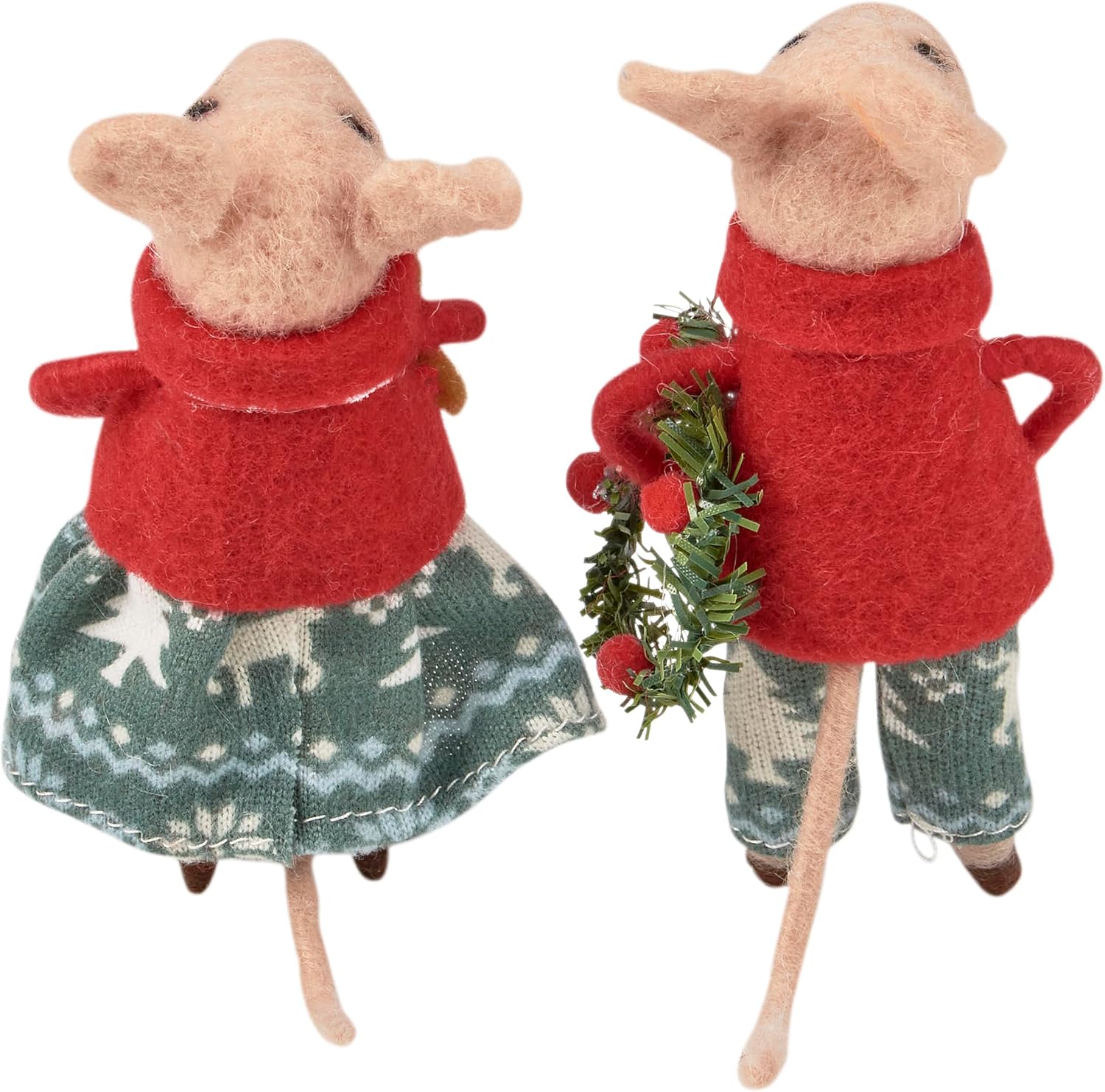 Primitives by Kathy Christmas Day Mice Collectible Critter Set, Two Felt mice with Festive Christmas Outfits/Holding Cute Accents of Gingerbread Cookie and Felt Berry Wreath
