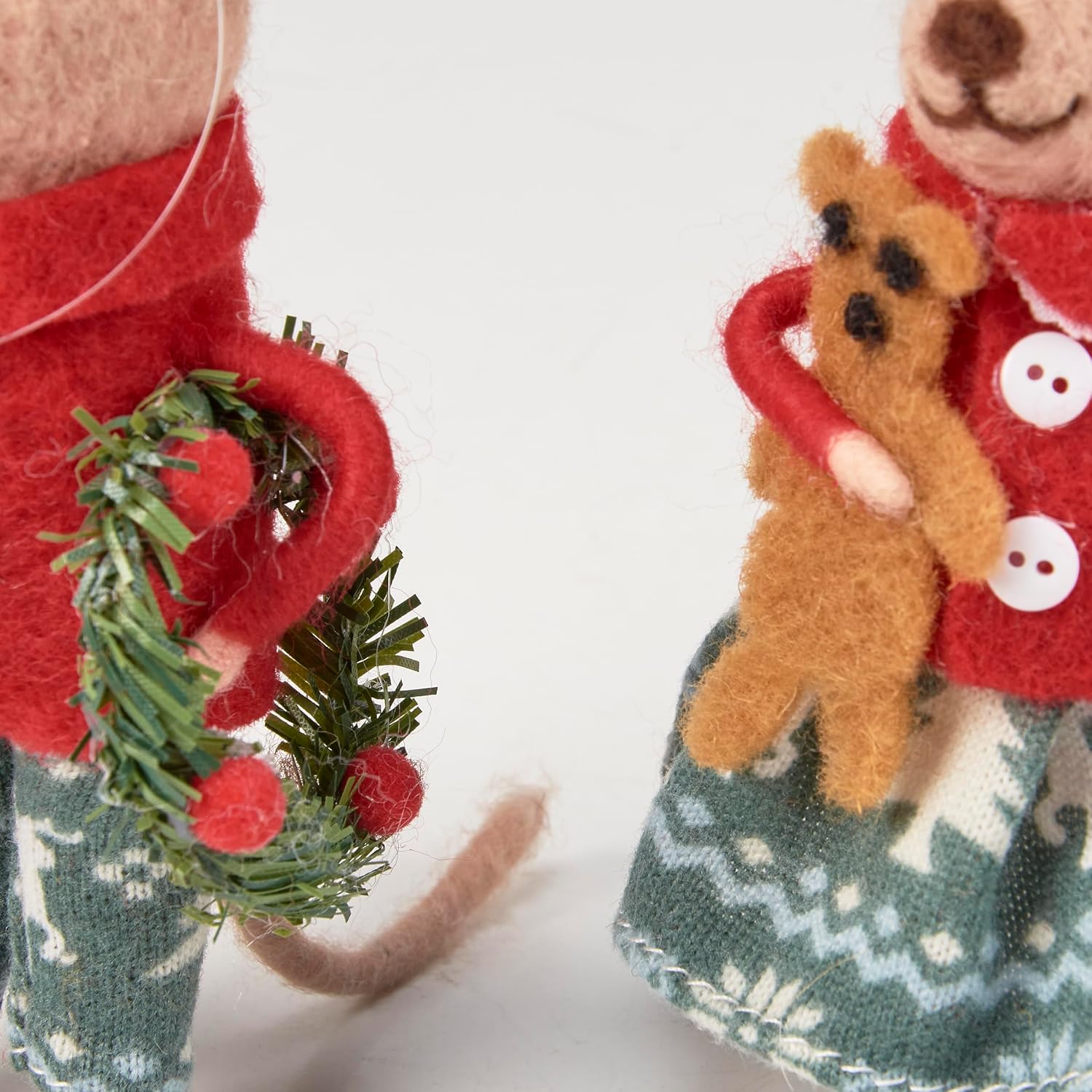 Primitives by Kathy Christmas Day Mice Collectible Critter Set, Two Felt mice with Festive Christmas Outfits/Holding Cute Accents of Gingerbread Cookie and Felt Berry Wreath