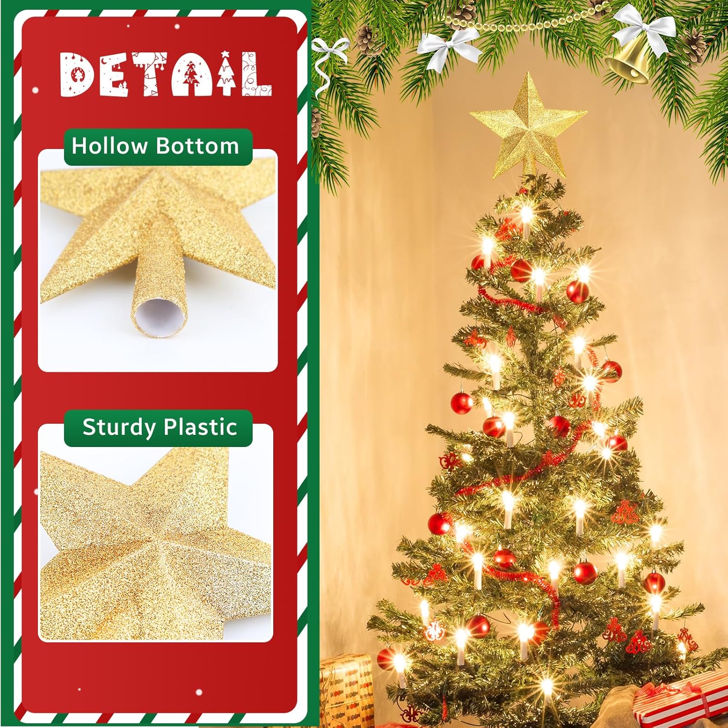 Glitter Christmas Star Tree Topper for Holiday Decorations, Christmas Tree Decoration for Holiday Ornament and Home Decor, Shatterproof Tree Toppers for Party Indoor ＆ Outdoor-Gold 8 inch