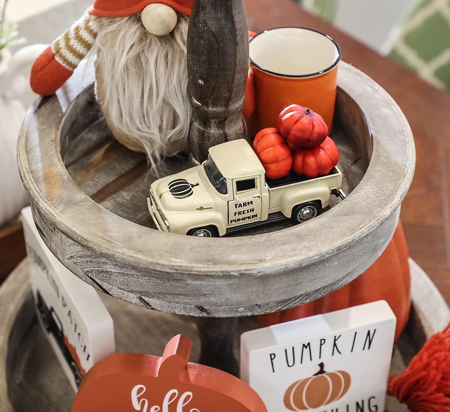 Fall Pumpkin Truck Decor Mini Harvest Metal Farm Truck with 3 Pumpkins | Vintage Diecast Model for Tiered Tray Home Décor 4.8 inches