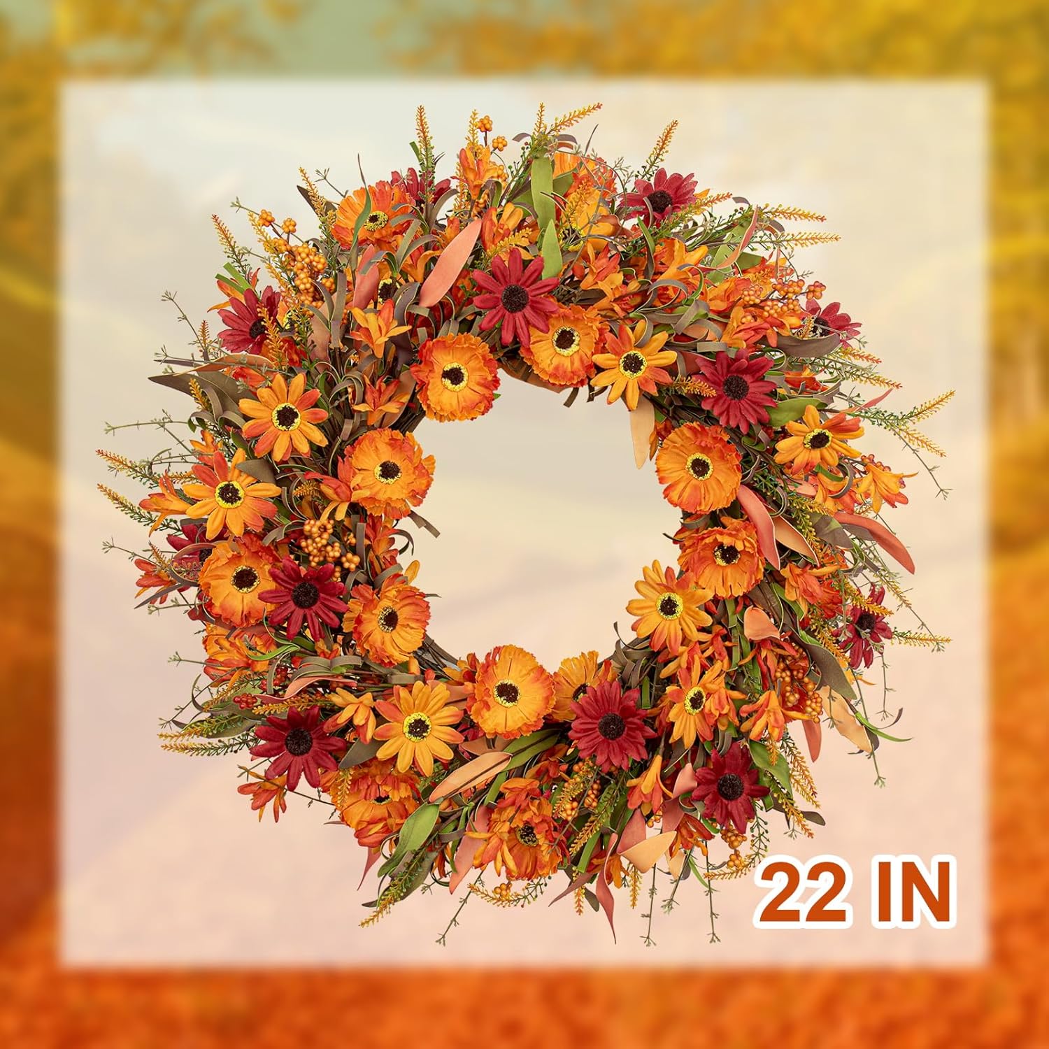 J'FLORU Artificial Fall Wreath 22 Inch Autumn Wreaths for Front Door Orange Daisy Wreath with Wildflowers Berries for Indoor Outdoor Wall Farmhouse Thanksgiving Day Harvest Festival Celebration