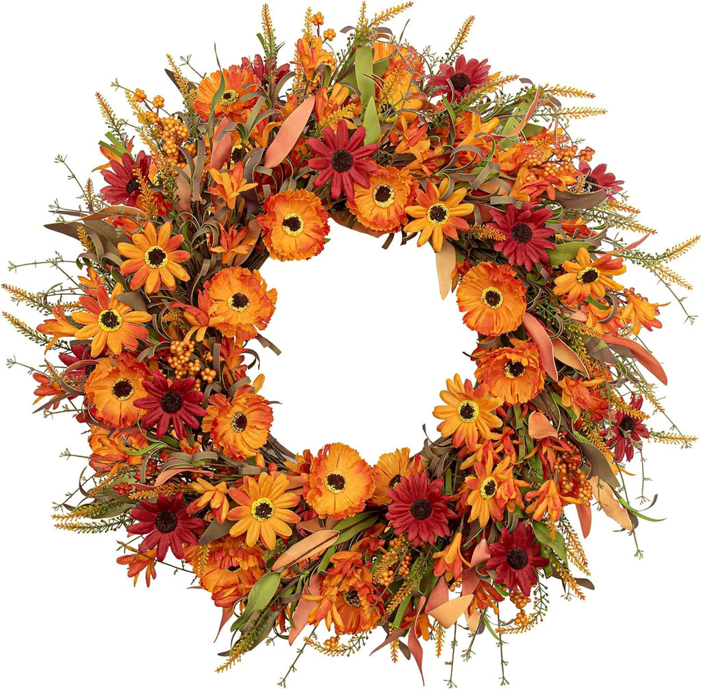 J'FLORU Artificial Fall Wreath 22 Inch Autumn Wreaths for Front Door Orange Daisy Wreath with Wildflowers Berries for Indoor Outdoor Wall Farmhouse Thanksgiving Day Harvest Festival Celebration