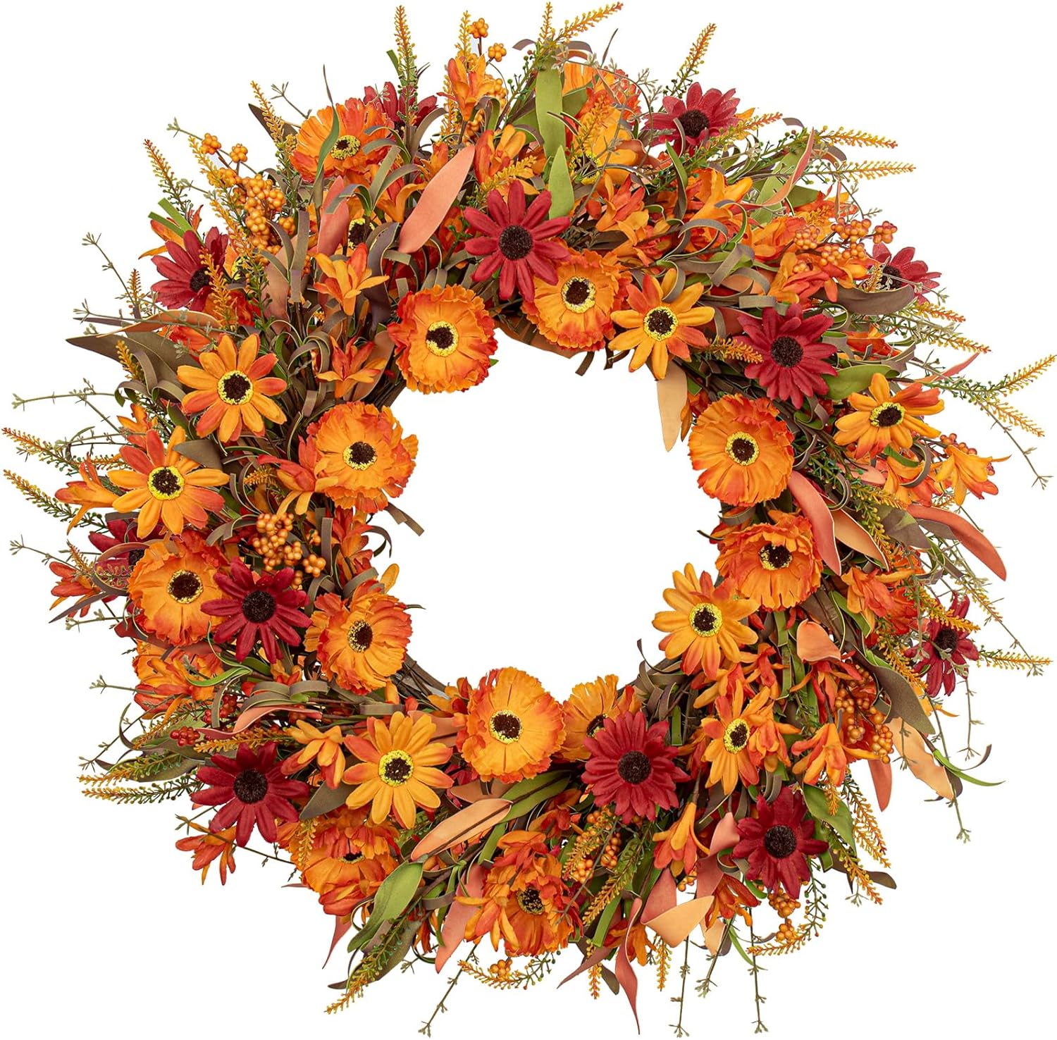 J'FLORU Artificial Fall Wreath 22 Inch Autumn Wreaths for Front Door Orange Daisy Wreath with Wildflowers Berries for Indoor Outdoor Wall Farmhouse Thanksgiving Day Harvest Festival Celebration