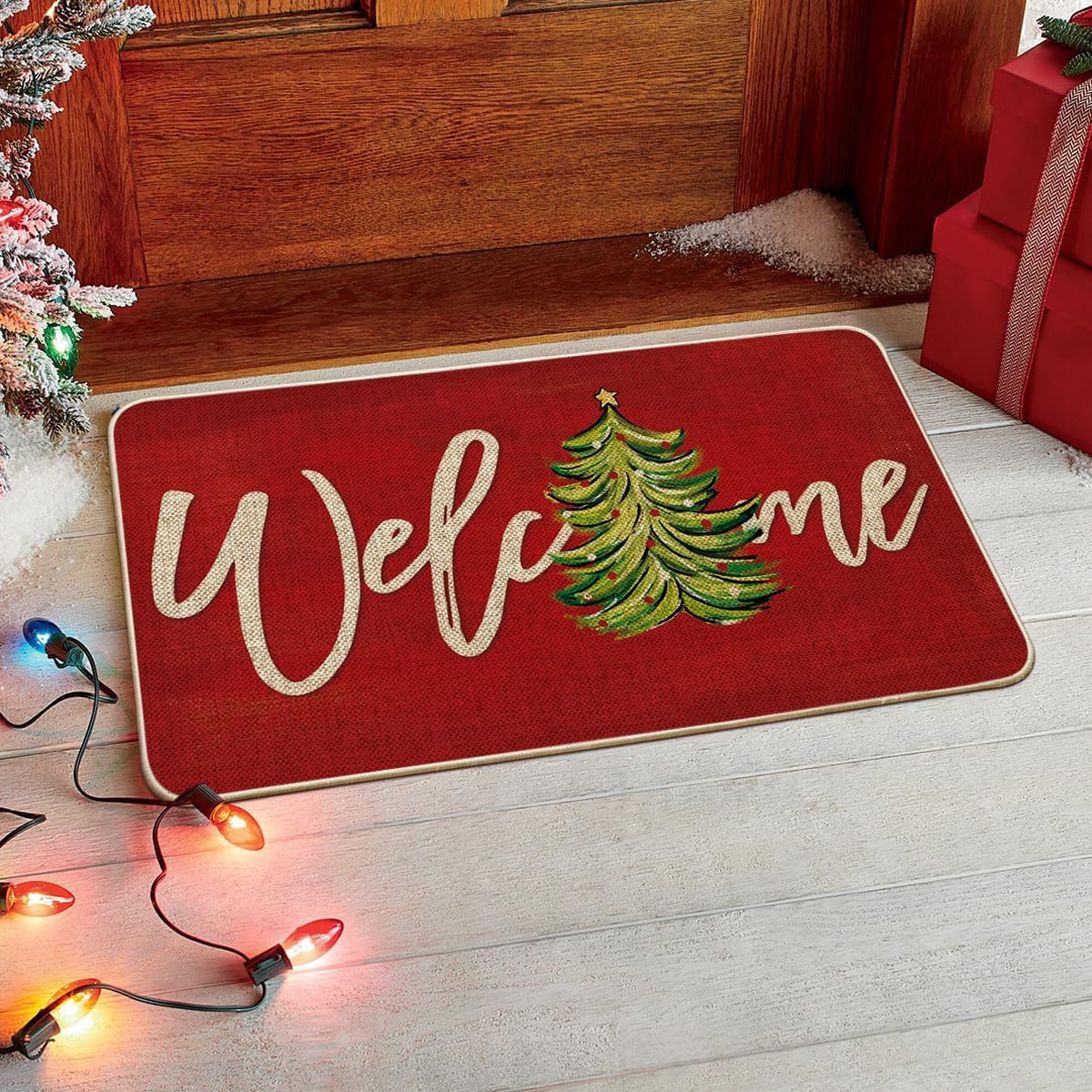 Artoid Mode Red Xmas Tree Christmas Welcome Doormat, Winter Home Decor Low-Profile Switch Rug Door Mat Floor Mat for Indoor Outdoor 17x29 Inch