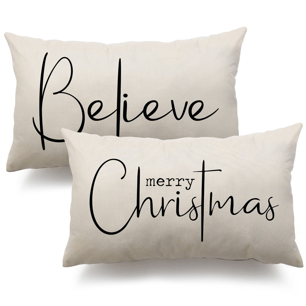 Christmas Throw Pillow Covers 12x20 Inch Set of 2 Merry Christmas Farmhouse Decorations Believe Holiday Decor Throw Cushion Case for Home Couch