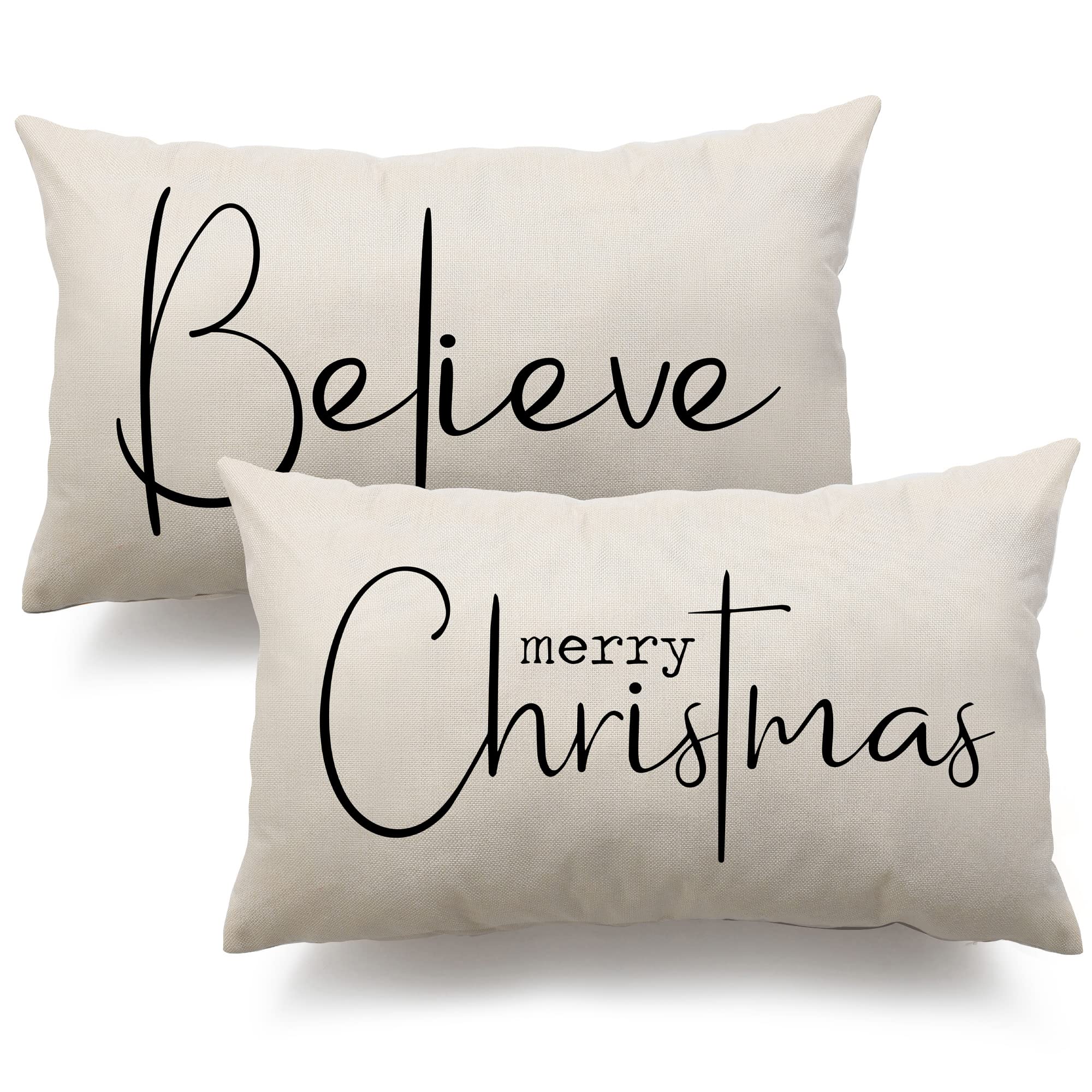 Christmas Throw Pillow Covers 12x20 Inch Set of 2 Merry Christmas Farmhouse Decorations Believe Holiday Decor Throw Cushion Case for Home Couch