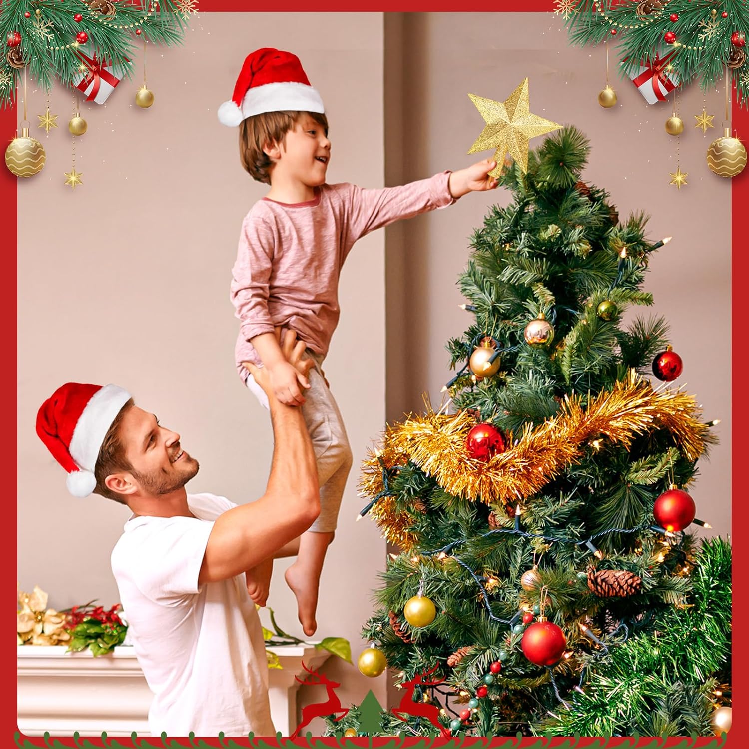 Glitter Christmas Star Tree Topper for Holiday Decorations, Christmas Tree Decoration for Holiday Ornament and Home Decor, Shatterproof Tree Toppers for Party Indoor ＆ Outdoor-Gold 8 inch