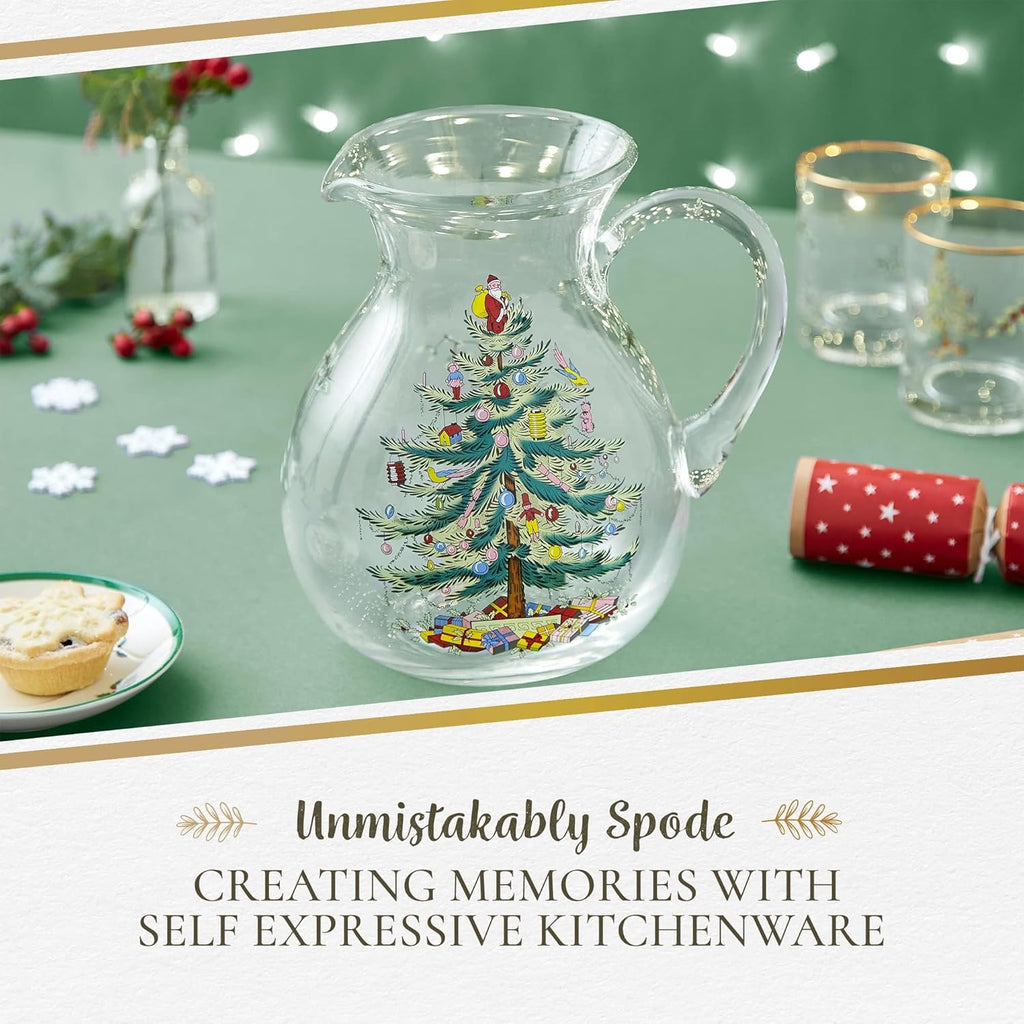 Spode Christmas Tree Glass Pitcher with Handle - Festive Holiday Beverage Server, Seasonal Drinkware for Entertaining, 6 Pint Capacity, Classic Glass Serveware - Celebrate Christmas Traditions