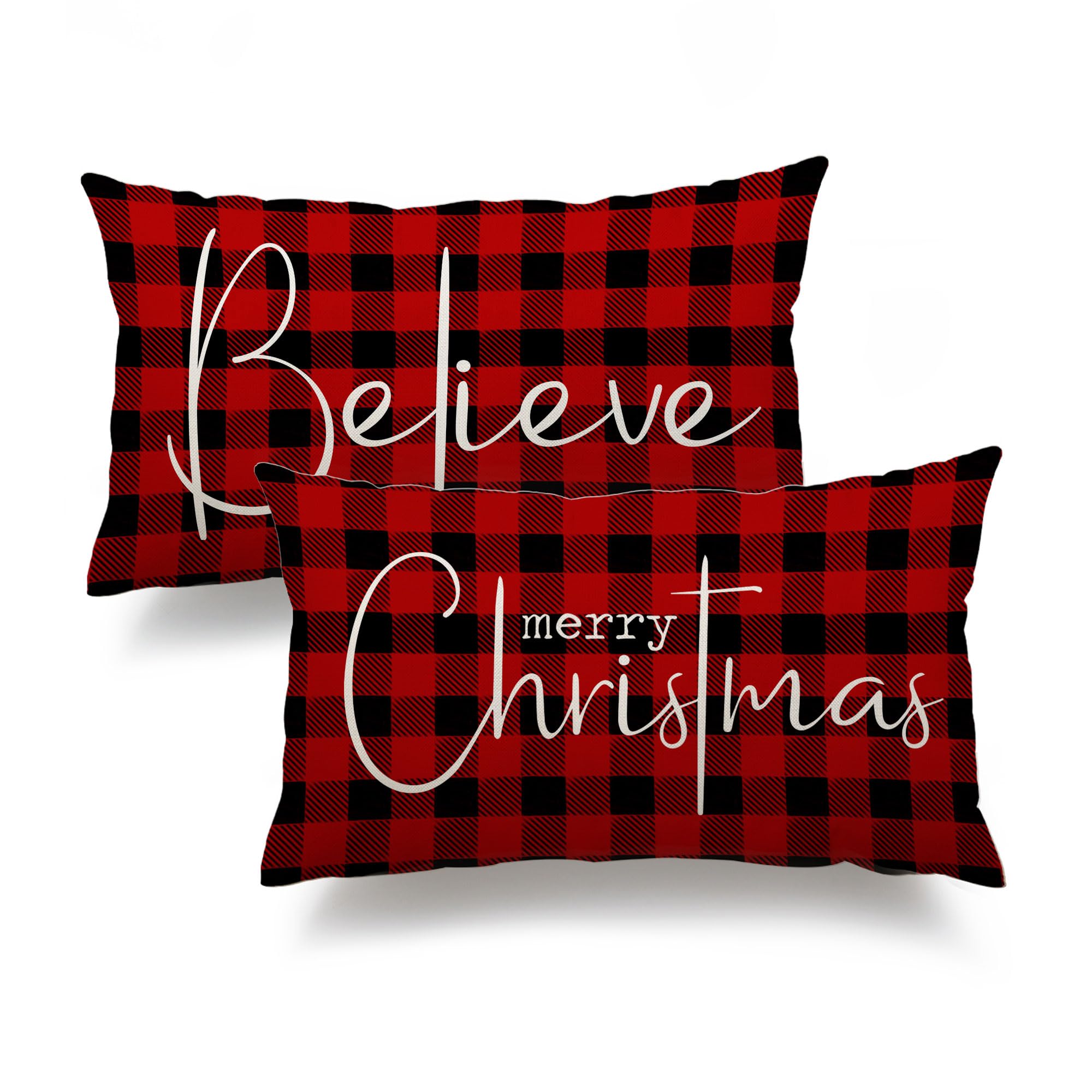 Christmas Throw Pillow Covers 12x20 Inch Set of 2 Merry Christmas Farmhouse Decorations Believe Holiday Decor Throw Cushion Case for Home Couch