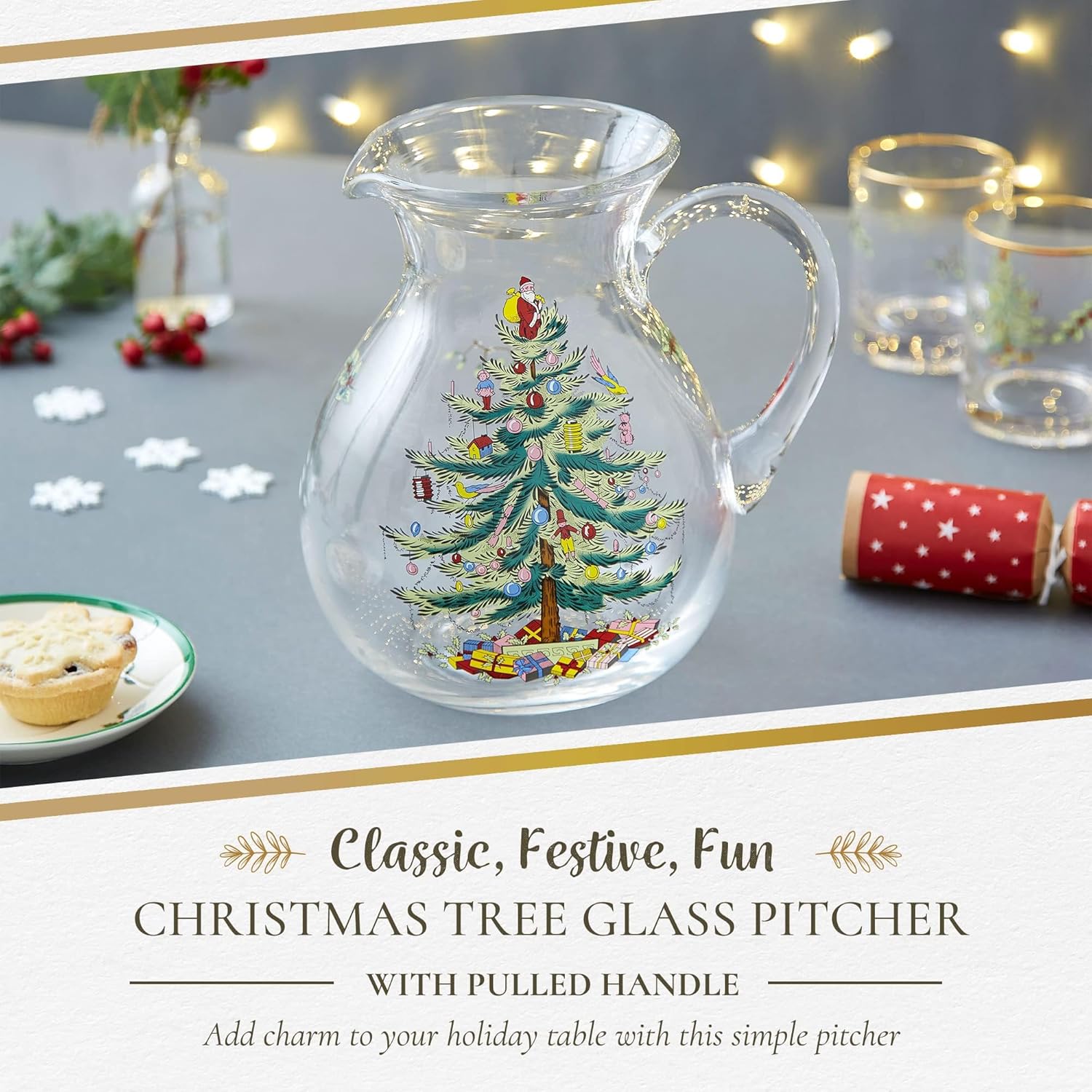 Spode Christmas Tree Glass Pitcher with Handle - Festive Holiday Beverage Server, Seasonal Drinkware for Entertaining, 6 Pint Capacity, Classic Glass Serveware - Celebrate Christmas Traditions