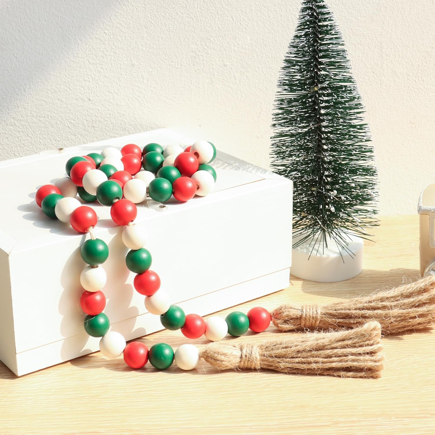 Christmas Wood Bead Garland,39in Farmhouse Beads with Tassels Tiered Tray Decor Wall Hanging Home Ornaments for Christmas Tree Decorations
