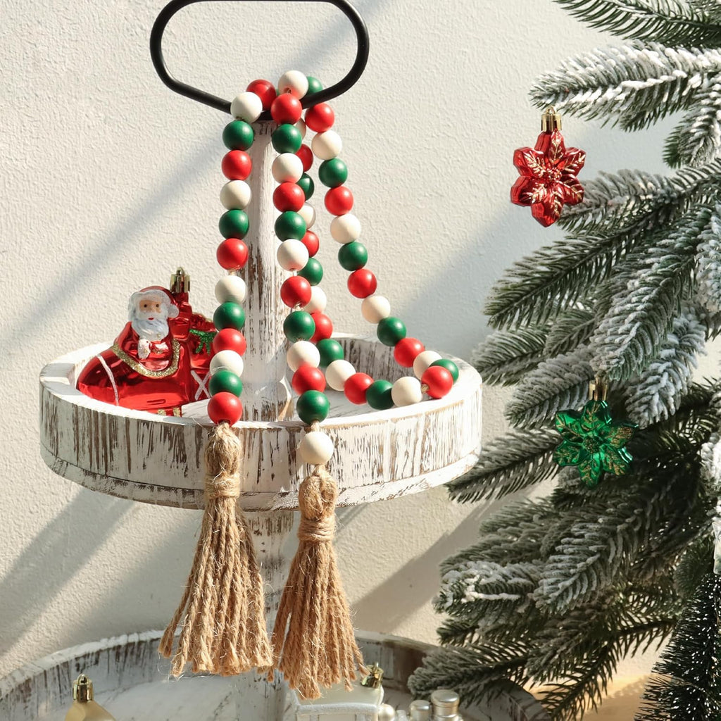 Christmas Wood Bead Garland,39in Farmhouse Beads with Tassels Tiered Tray Decor Wall Hanging Home Ornaments for Christmas Tree Decorations