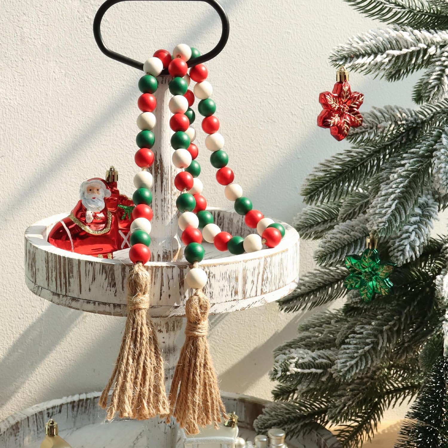 Christmas Wood Bead Garland,39in Farmhouse Beads with Tassels Tiered Tray Decor Wall Hanging Home Ornaments for Christmas Tree Decorations