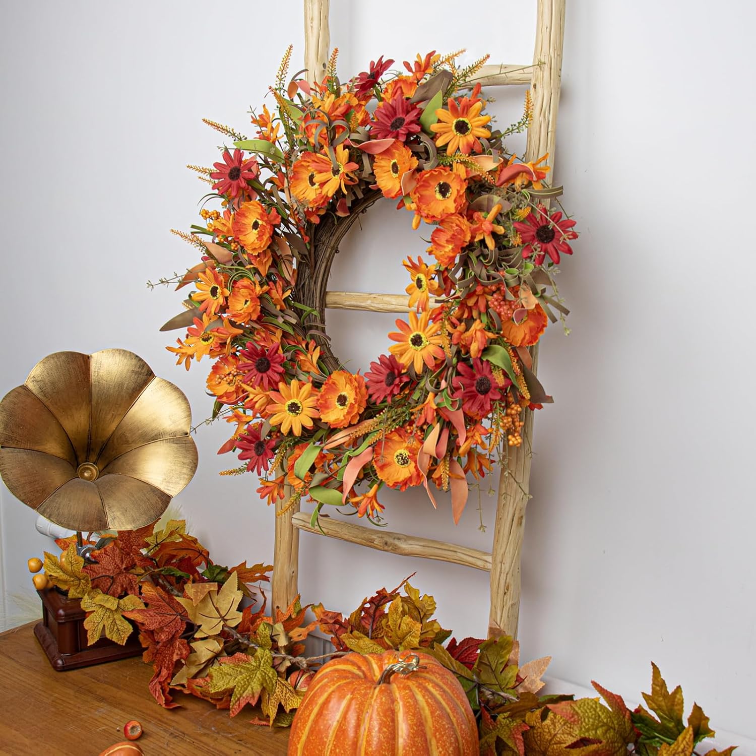 J'FLORU Artificial Fall Wreath 22 Inch Autumn Wreaths for Front Door Orange Daisy Wreath with Wildflowers Berries for Indoor Outdoor Wall Farmhouse Thanksgiving Day Harvest Festival Celebration