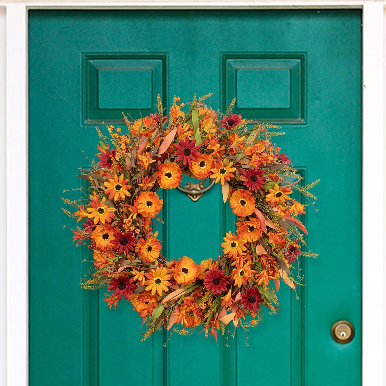 J'FLORU Artificial Fall Wreath 22 Inch Autumn Wreaths for Front Door Orange Daisy Wreath with Wildflowers Berries for Indoor Outdoor Wall Farmhouse Thanksgiving Day Harvest Festival Celebration