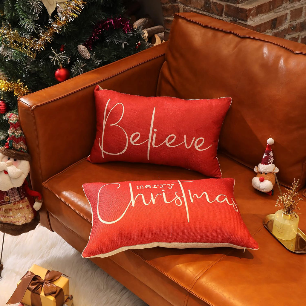 Christmas Throw Pillow Covers 12x20 Inch Set of 2 Merry Christmas Farmhouse Decorations Believe Holiday Decor Throw Cushion Case for Home Couch