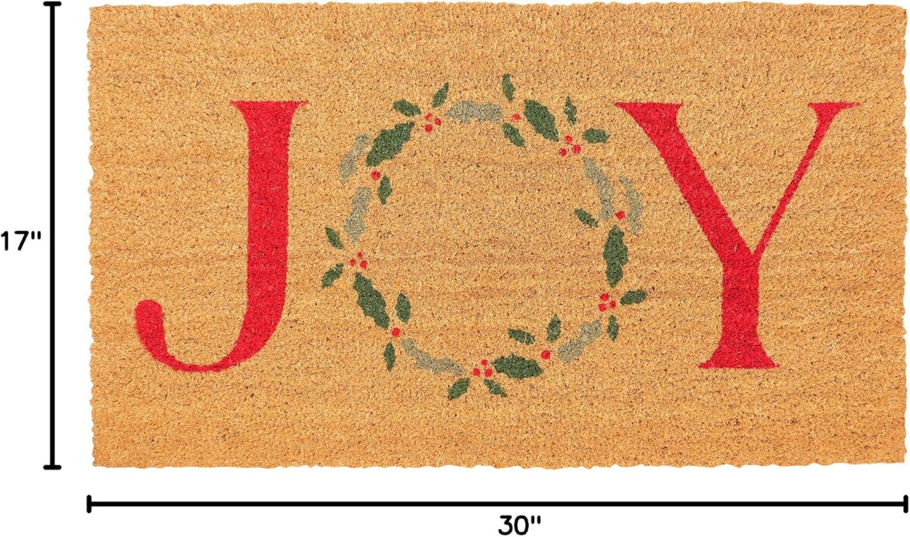 KAF Home Holiday Coir Doormat with Heavy-Duty, Weather Resistant, Non-Slip PVC Backing | 17 by 30 Inches, 0.6 Inch Pile Height | Perfect for Indoor and Outdoor Use (Joy Wreath)