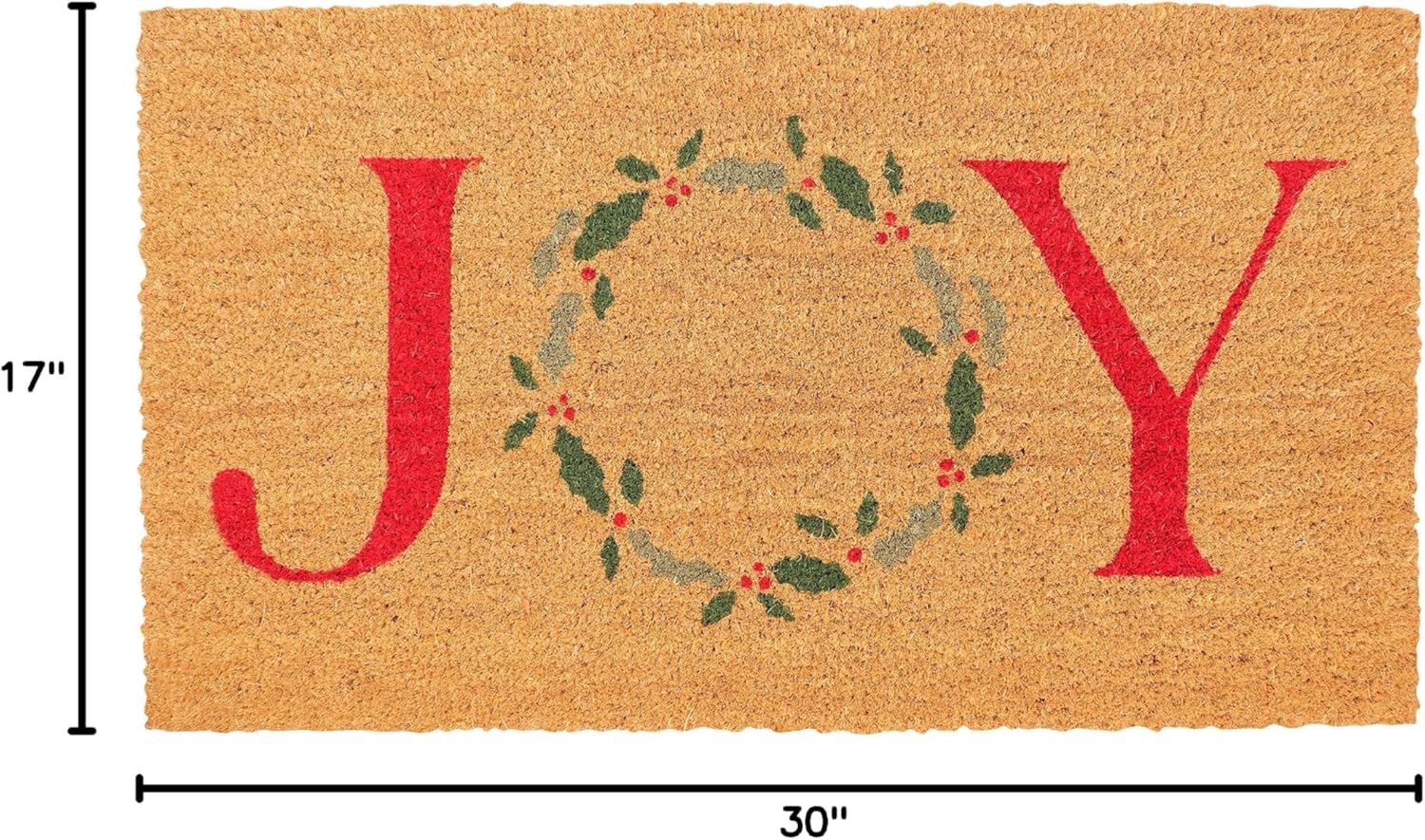 KAF Home Holiday Coir Doormat with Heavy-Duty, Weather Resistant, Non-Slip PVC Backing | 17 by 30 Inches, 0.6 Inch Pile Height | Perfect for Indoor and Outdoor Use (Joy Wreath)