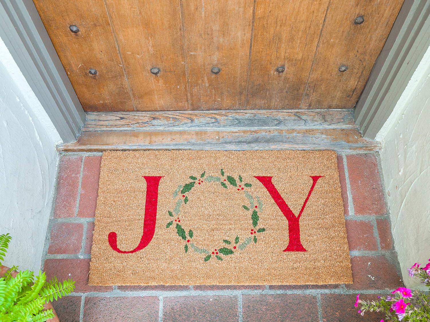 KAF Home Holiday Coir Doormat with Heavy-Duty, Weather Resistant, Non-Slip PVC Backing | 17 by 30 Inches, 0.6 Inch Pile Height | Perfect for Indoor and Outdoor Use (Joy Wreath)