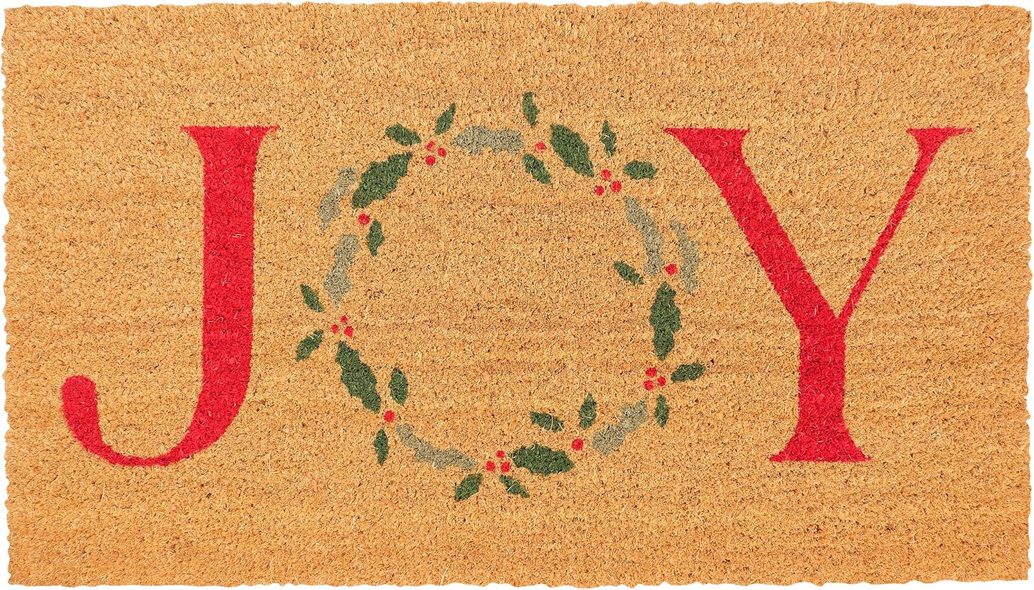 KAF Home Holiday Coir Doormat with Heavy-Duty, Weather Resistant, Non-Slip PVC Backing | 17 by 30 Inches, 0.6 Inch Pile Height | Perfect for Indoor and Outdoor Use (Joy Wreath)