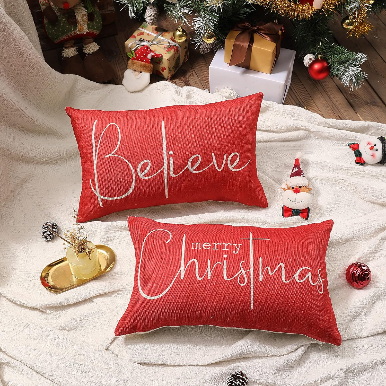 Christmas Throw Pillow Covers 12x20 Inch Set of 2 Merry Christmas Farmhouse Decorations Believe Holiday Decor Throw Cushion Case for Home Couch